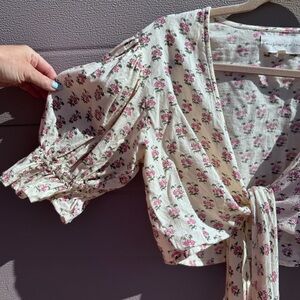Daughter’s of India cream wrap top with pink floral block print pattern~ Small